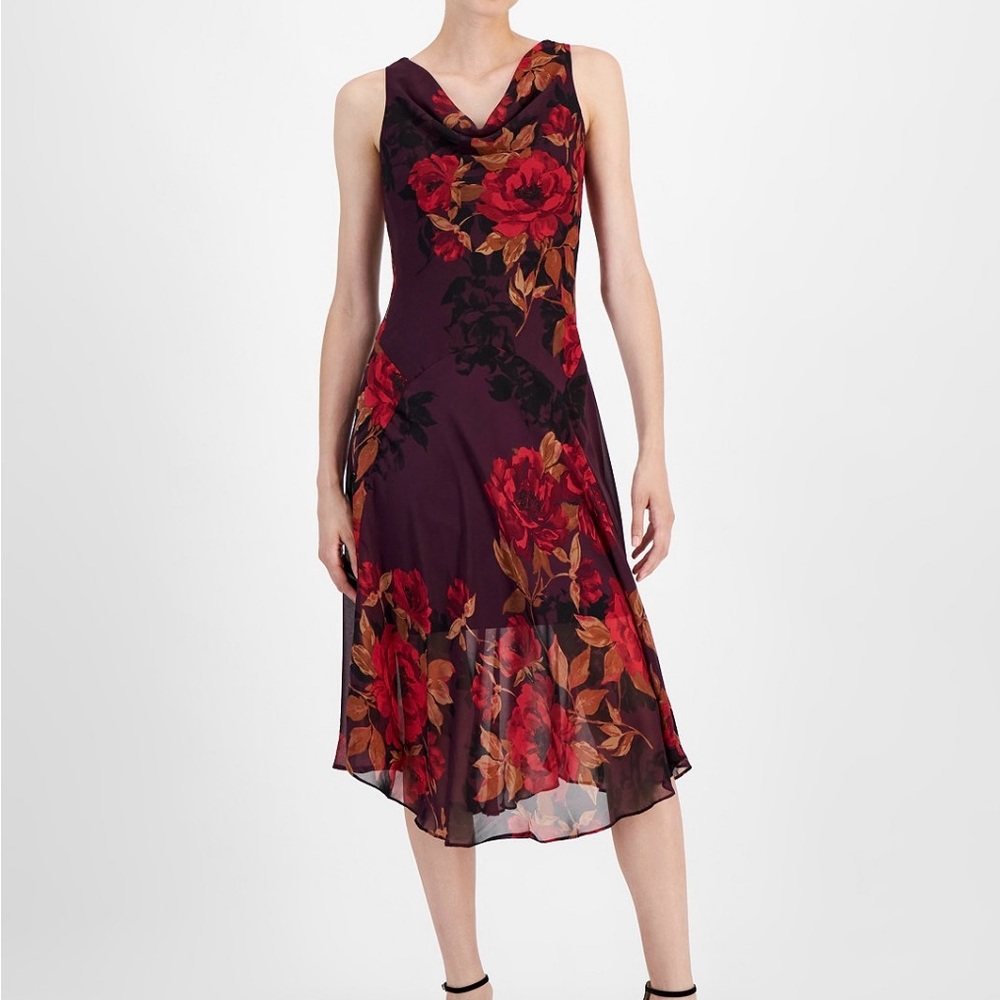 Robbie Bee Burgundy Floral Midi Dress with Red and Gold Accents